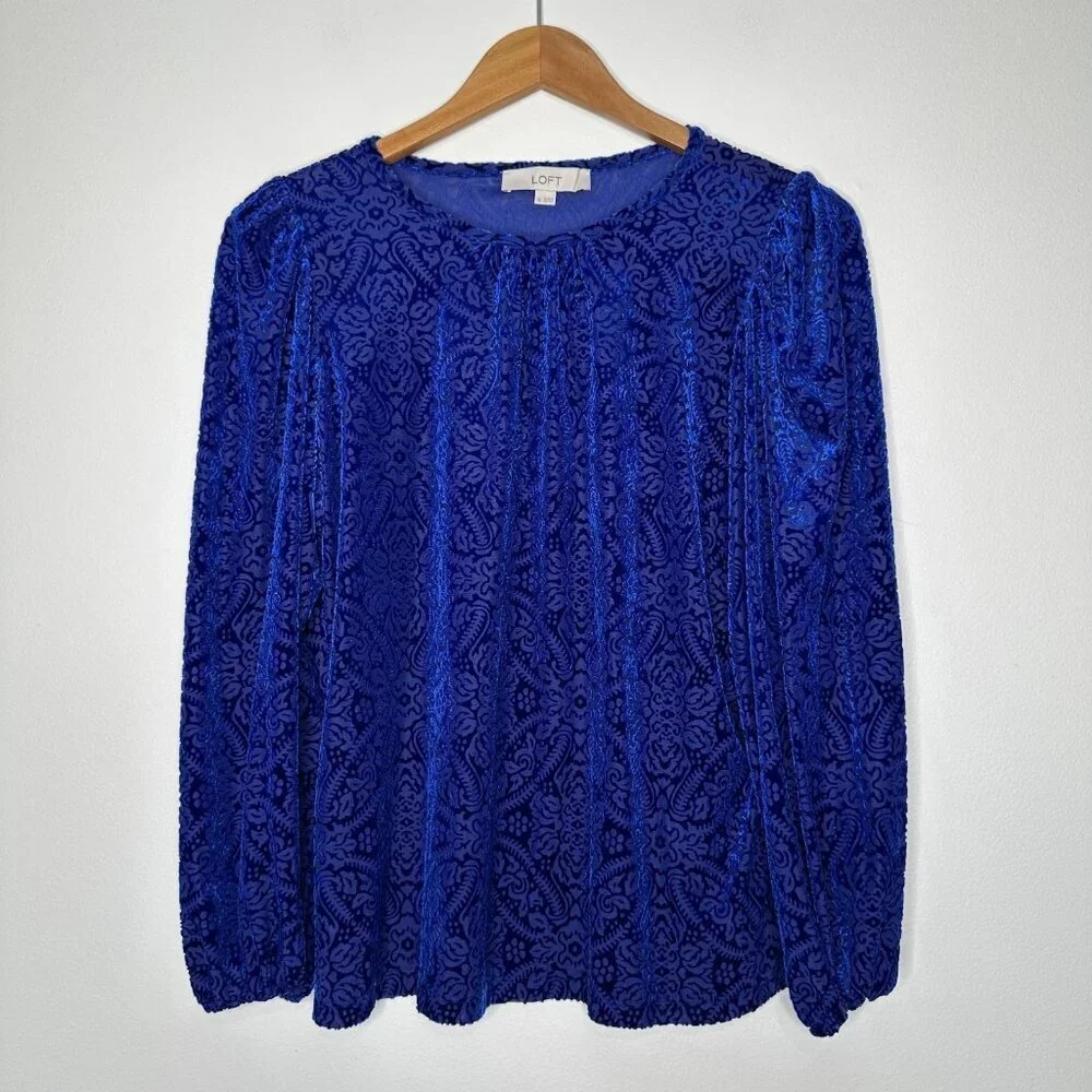 Loft Velvet Burnout Puff Sleeve Blouse‎ Blue Mosaic Size XS